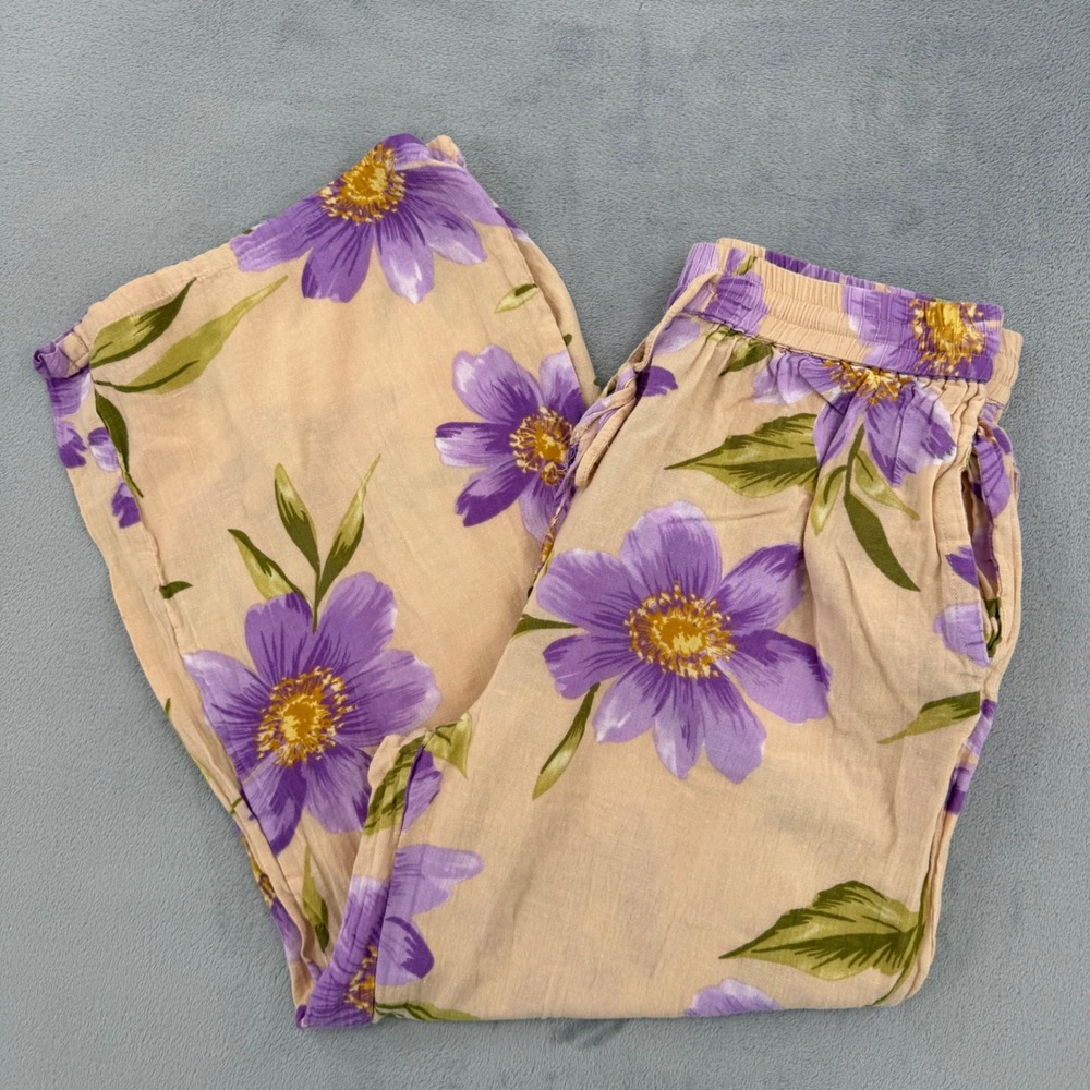 Marianne Women Purple Floral Wide Leg‎ Pants Cotton Linen Blend Peach Size L